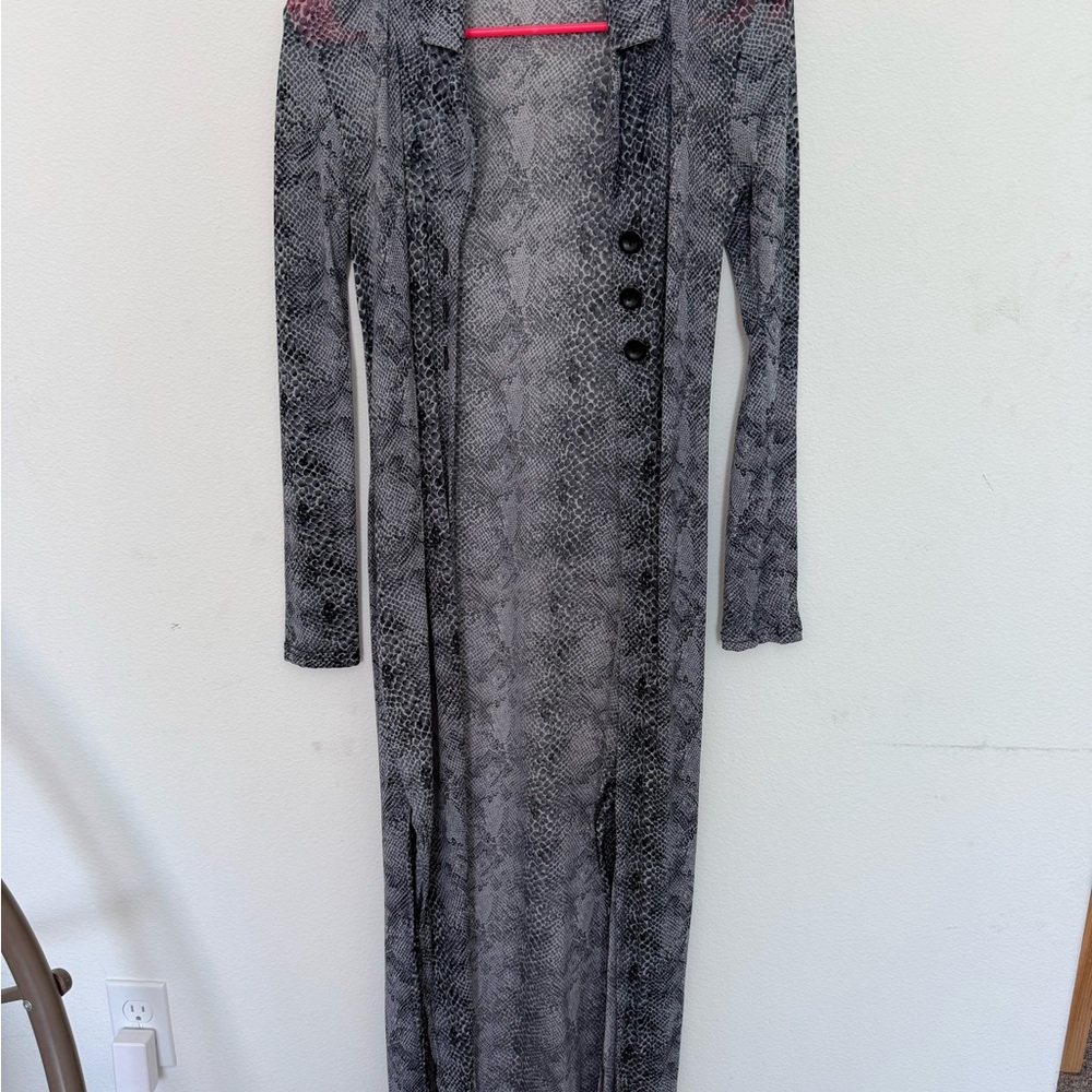 Snake Print Long Cardigan Duster in Gray and Black